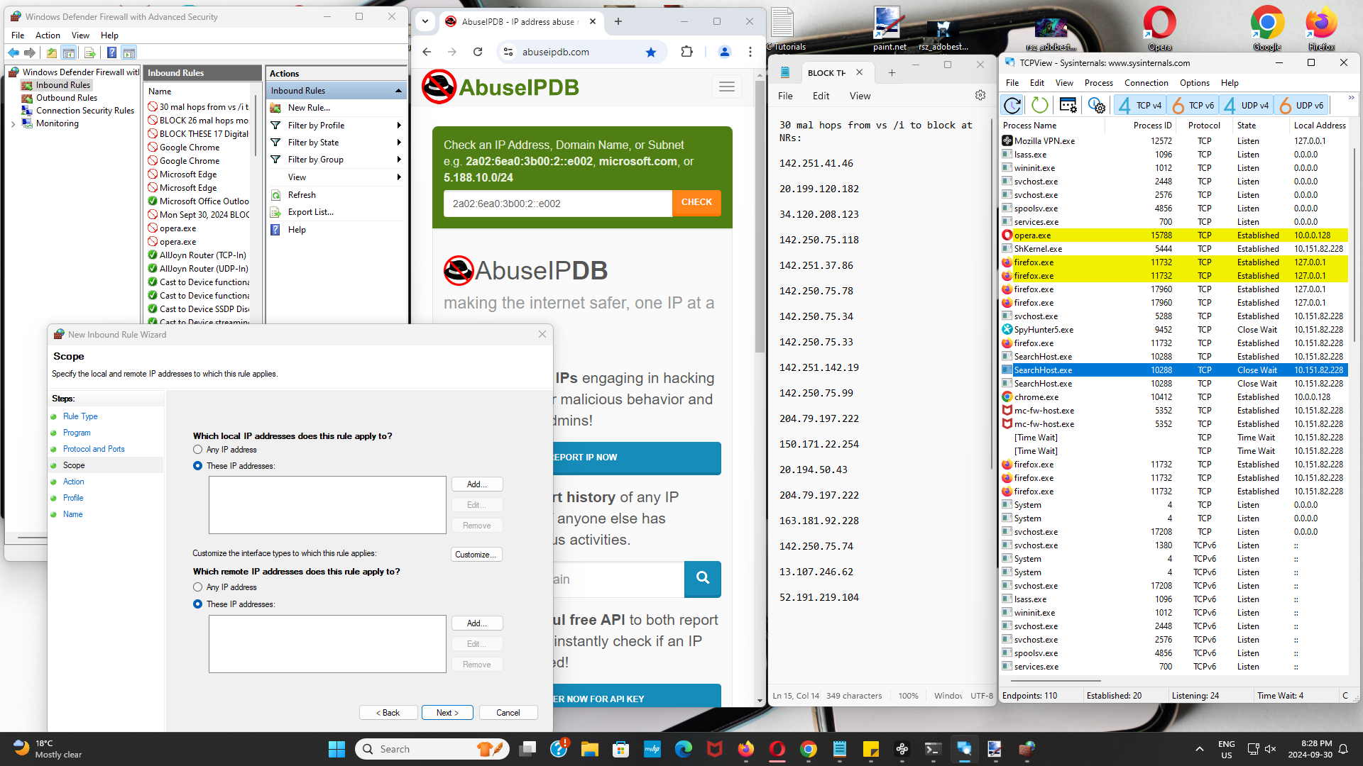 Detect lurking malicious hops with (download) TCP View on the right. List them, check Whois and Block with New Rules for comfort security brings.
